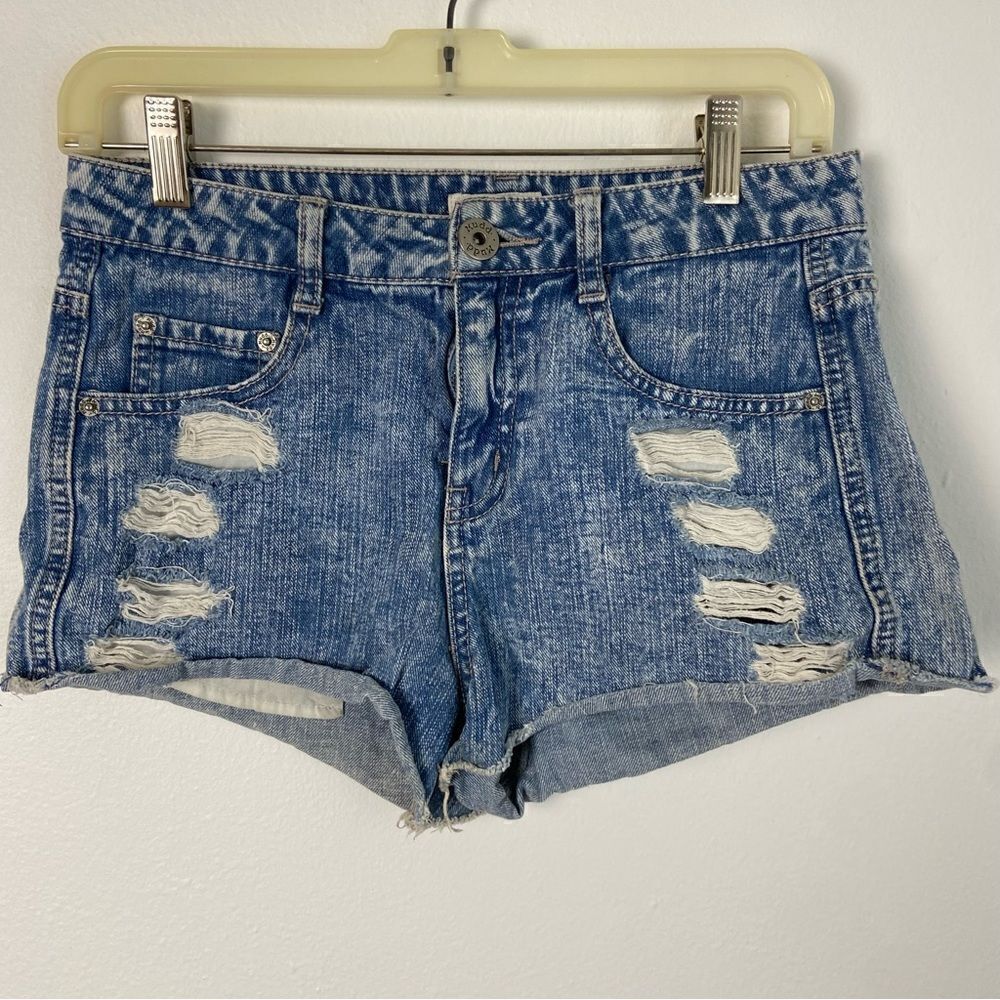 Mudd Y2K Acid‎ Wash Denim Shorts Distressed Shredded Raw Hem Size 7 Casual Jean